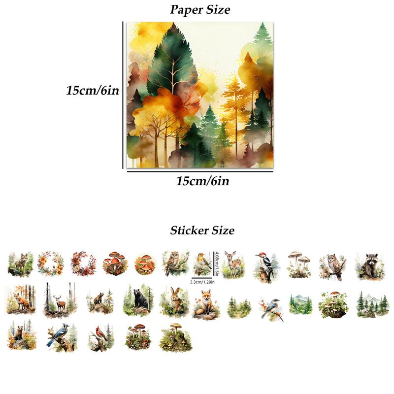 Watercolor Forest Pattern Decorative Paper & Sticker Set, 68pcs set Writable Decorative Paper & Sticker for Arts Crafts, Scrapbooking and Junk Journal