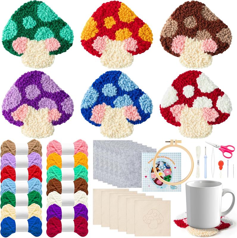 Mushroom Punch Needle Coaster Kit - 22 count Easy Art Work Decor Coasters Kits for Beginners, DIY Set of 6 Mushroom Pattern Tufted Rug Pads with Adhesive Felt Yarns Embroidery Hoop Instruction