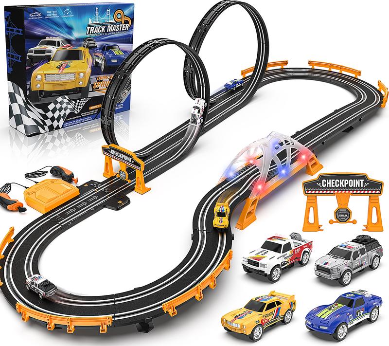 Slot Car Race Track Sets for Boys,Race Car Track with 4 High-Speed Slot Cars,Battery or Electric Car Track,Dual Racing Game Lap Counter Track Sets,Toys Gifts for Boys Girls Ages 4 5 6 7 8-12 dinosaur truck