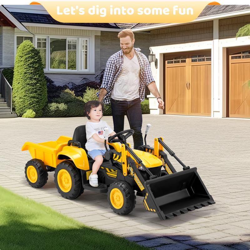 EROMMY Ride on Bulldozer for Kids Boys & Girls, 12V Electric Vehicles with Front Loader Bucket,Cars for kids, Horn, Lights, Music Player, Control car, Safety Belt