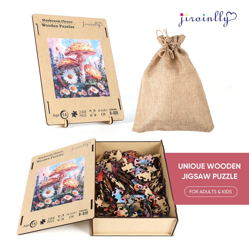 Mys Aurora Mushroom Flowers Wooden Puzzle 200 Pieces - Unique Shape, Hand-Painted Art, Ideal Family Game for Kids and Adults - 7.8 x 12.6 Inch