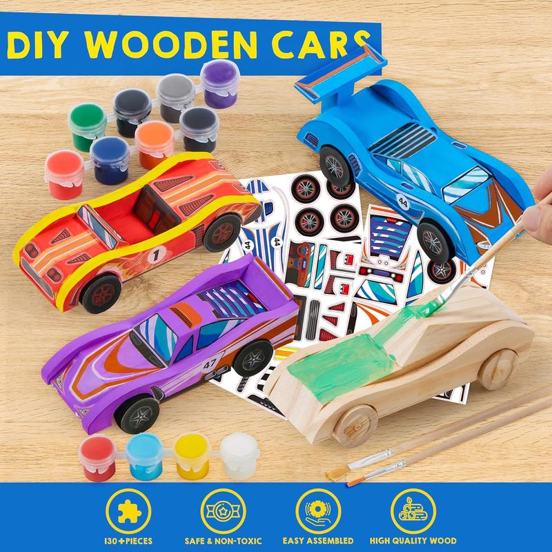 4 DIY Wooden Race Cars-Build & Paint Your Own Wood Craft Kit, 4 Race Cars Toy, Easy to Assemble Arts Crafts Kit, Birthday Party Presents for Kids Boys Ages 6 and Up