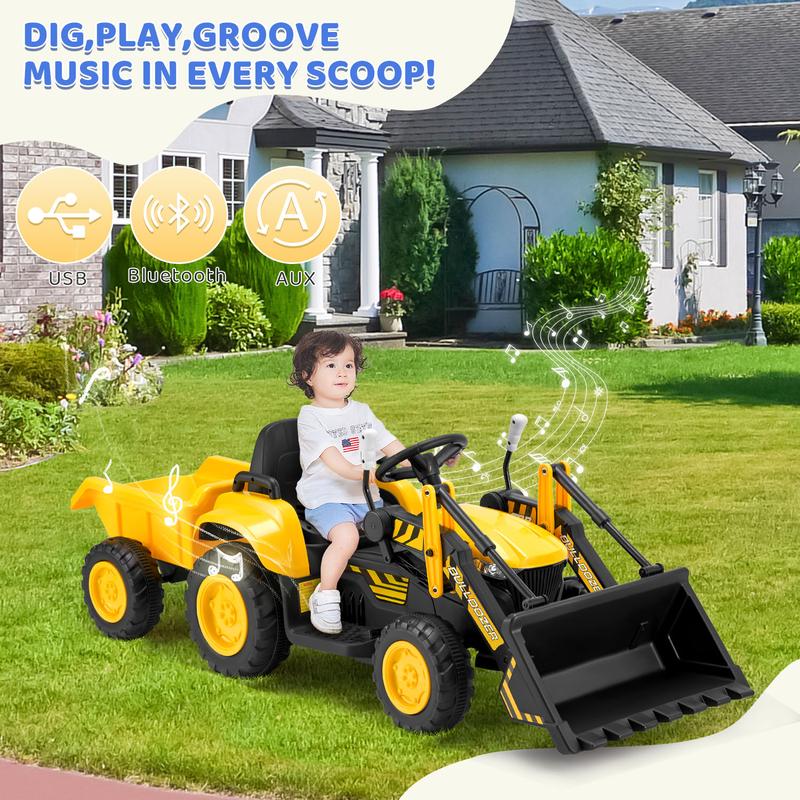 EROMMY Ride on Bulldozer for Kids Boys & Girls, 12V Electric Vehicles with Front Loader Bucket,Cars for kids, Horn, Lights, Music Player, Control car, Safety Belt