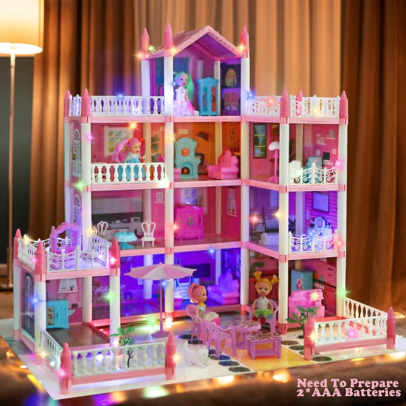 Play House Set with Light & Furniture, 1 Set  4-floor Self Assemble Princess Role Play Pretend Play Toy, DIY Mini Playhouse Builds Toy Set for Gift