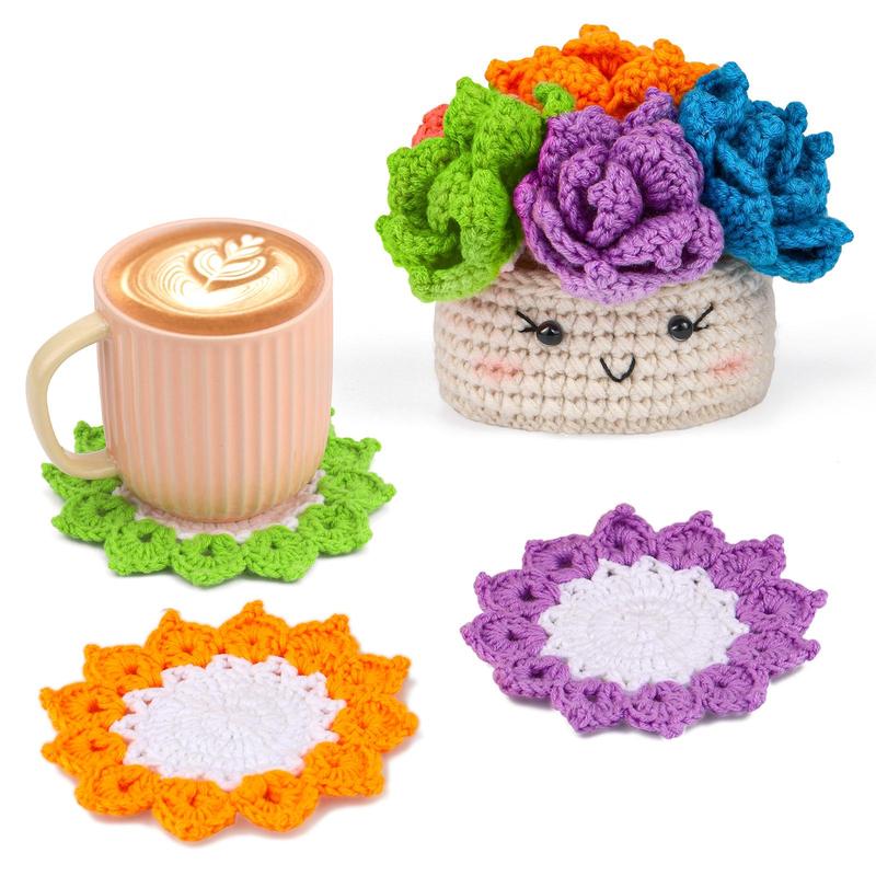 Crochet Kit for Beginners, 6 Counts set Potted Plant Coaster Crochet Set with Step-by-step Video Tutorials, Knitting, Learning Crochet Knitting Set