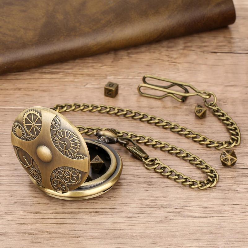 Steampunk DND Dice Set with Bronze Pocket Watch Shell Case, 1 Set Retro DND Dice Set, Dungeons and Dragons Gifts for Role Playing Board Games