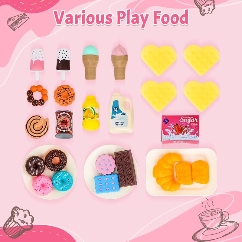 deAO Waffle Play Food Toys Tea Party Set 28 PCS Play Food Cooking Playset Kitchen Pretend Play,Great Gift