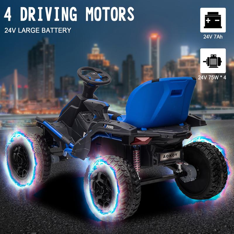 24V Battery Powered Car, 4WD Electric Go Kart with 4x75W Powerful Motors 4x4 Ride On UTV for Big Kids w Parent Remote 4 Wheeler Quad with Rubber-Plastic Polymerized EVA Tires Bluetooth, Blue