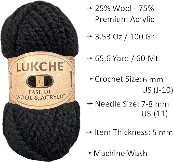 Wool and Acrylic Yarn 25% Wool - 75% Acrylic - 3,52 Oz - 65,6 Yds, Easy Thick and Fast Yarn, Soft and Super Bulky Weight