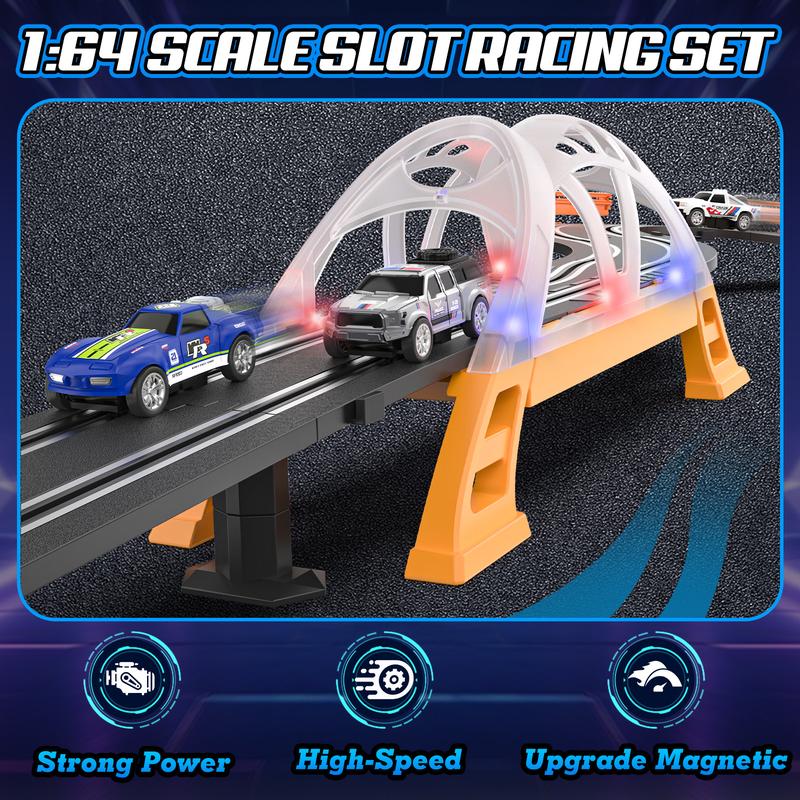 Slot Car Race Track Sets for Boys,Race Car Track with 4 High-Speed Slot Cars,Battery or Electric Car Track,Dual Racing Game Lap Counter Track Sets,Toys Gifts for Boys Girls Ages 4 5 6 7 8-12 dinosaur truck