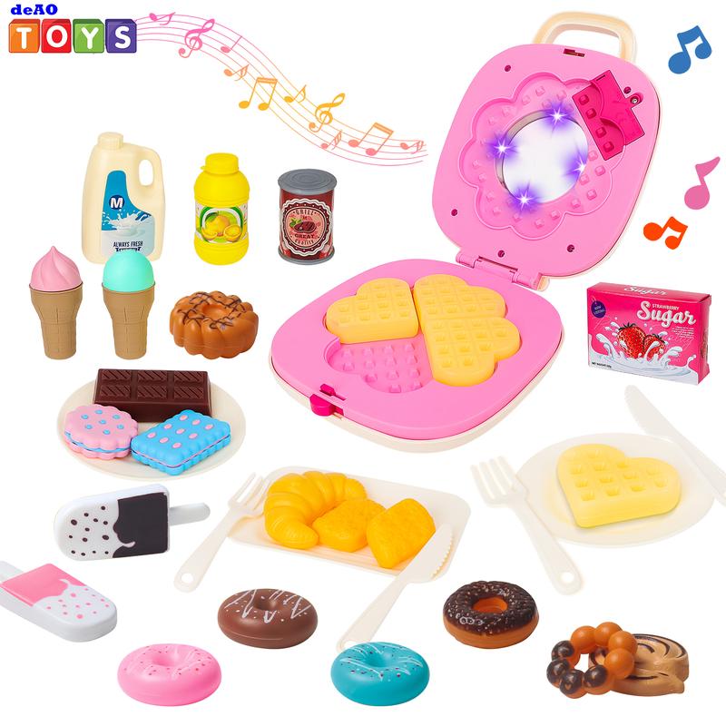 deAO Waffle Play Food Toys Tea Party Set 28 PCS Play Food Cooking Playset Kitchen Pretend Play,Great Gift