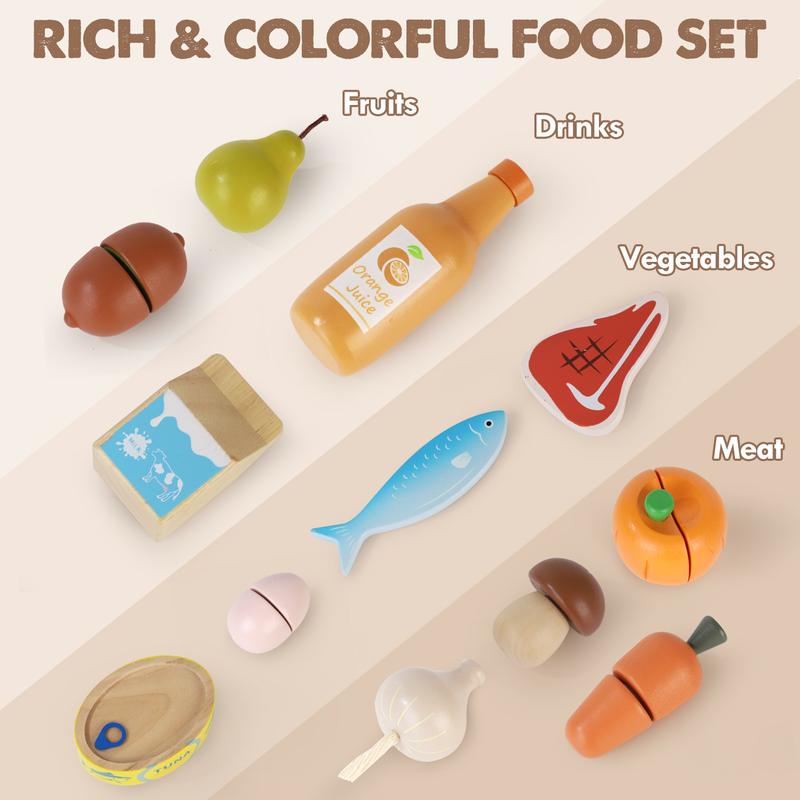 Lehoo Castle Wooden Pretend Play Food Sets for Kids Kitchen, Food Toys for Kids, with Shopping Bag, Pretend Food Play Kitchen Cutting Fruits Vegetables Toys, Gift for Boys Girls Educational Toys, Toy Food Educational Gifts