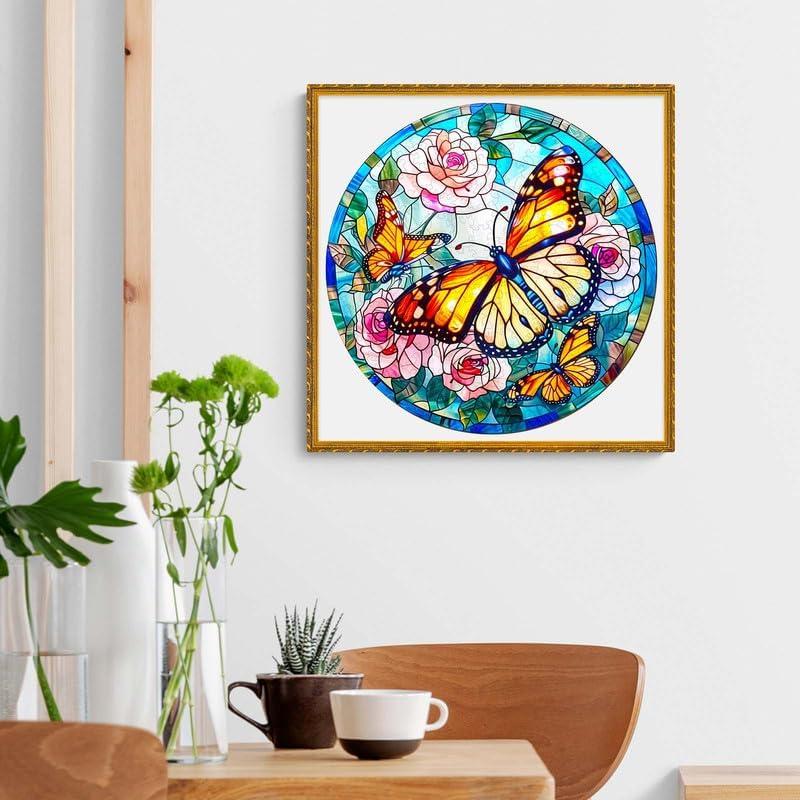 Wooden Puzzle for Adults, Stained Glass Butterfly Wooden Jigsaw Puzzles for Adults, Unique Animal Shape Wood Cut Puzzles for Family Friend Puzzle Lovers(S-8.5 * 8.5in-100pcs)