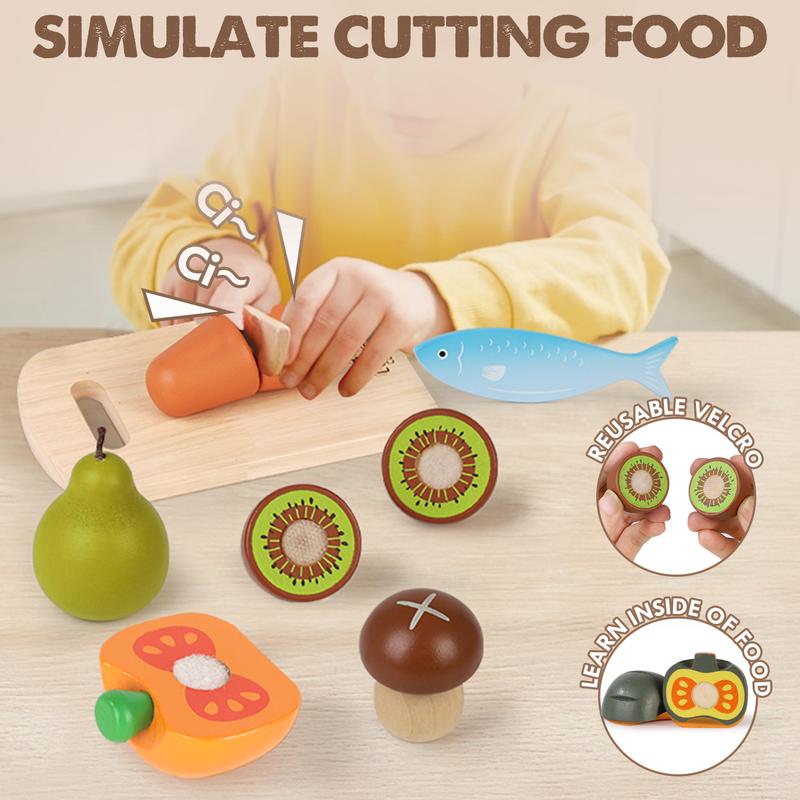 Lehoo Castle Wooden Pretend Play Food Sets for Kids Kitchen, Food Toys for Kids, with Shopping Bag, Pretend Food Play Kitchen Cutting Fruits Vegetables Toys, Gift for Boys Girls Educational Toys, Toy Food Educational Gifts