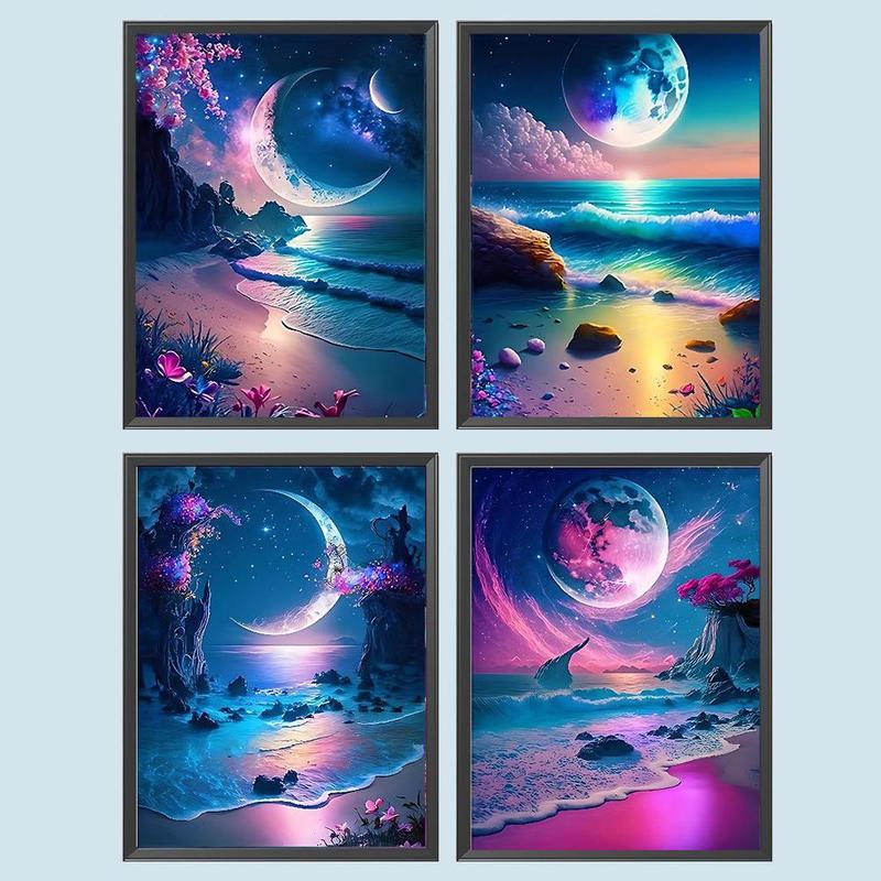 Beach Pattern DIY Diamond Arts Colorful Painting Kit without Frame, 4 Counts set DIY 5D Diamond Arts Colorful Painting Kit, Wall Art Decor for Home