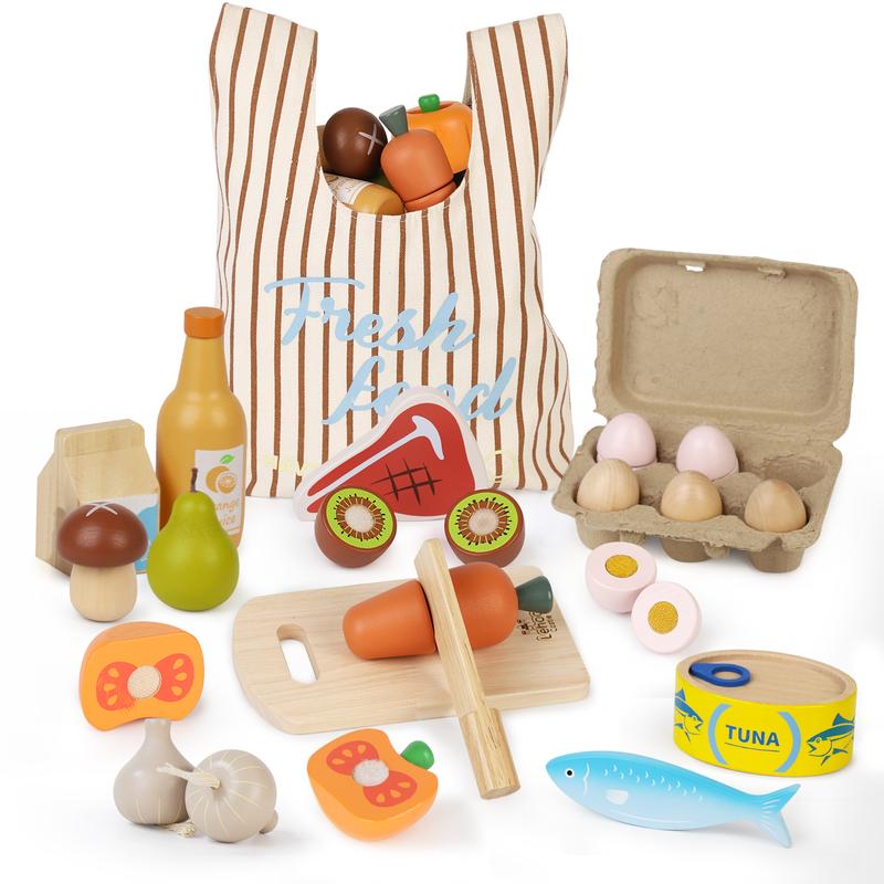 Lehoo Castle Wooden Pretend Play Food Sets for Kids Kitchen, Food Toys for Kids, with Shopping Bag, Pretend Food Play Kitchen Cutting Fruits Vegetables Toys, Gift for Boys Girls Educational Toys, Toy Food Educational Gifts