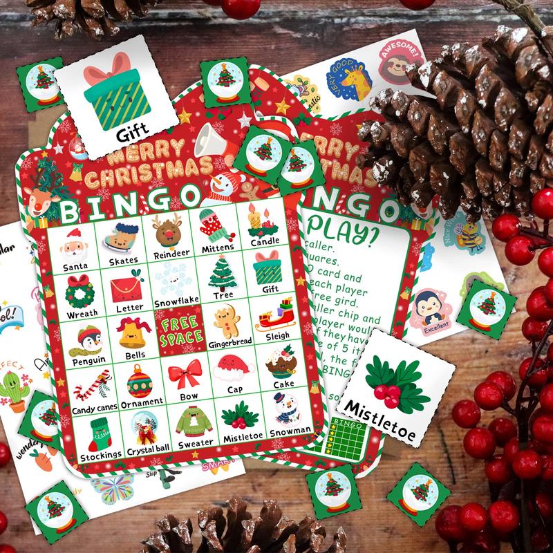 39Pcs Christmas Bingo Game for Kids Adults 24 Players Bingo Cards Christmas Games with Reward Stickers Xmas Activities Family Party Game