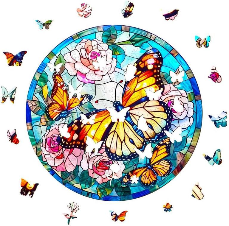 Wooden Puzzle for Adults, Stained Glass Butterfly Wooden Jigsaw Puzzles for Adults, Unique Animal Shape Wood Cut Puzzles for Family Friend Puzzle Lovers(S-8.5 * 8.5in-100pcs)