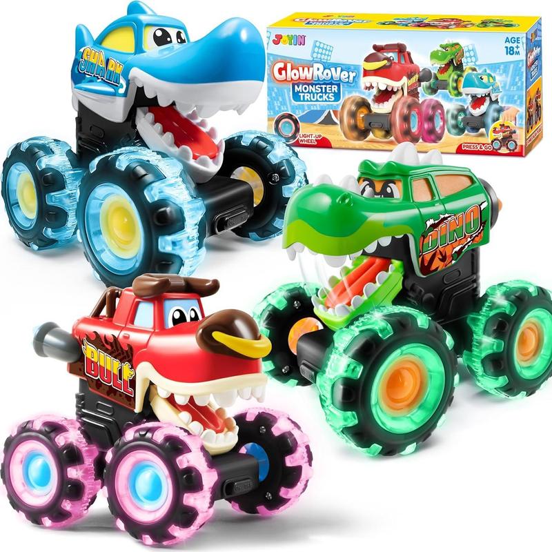 3 Pack Monster Truck Toy - Motion Activated Light-Up Cars for Kids - Monster Treads Lightning Wheels - Children Toy Press & Go Cars for Boys Girls