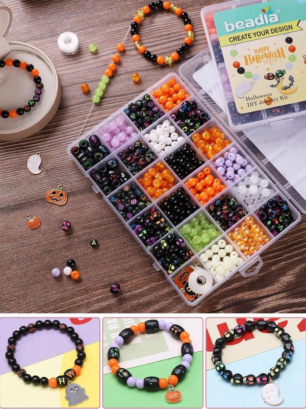 Moon & Ghost & Pumpkin Design Beads & Charms, Mixed Color Beads & Charms for Bracelet Making, Diy Jewelry Making Kit for Women & Teenager