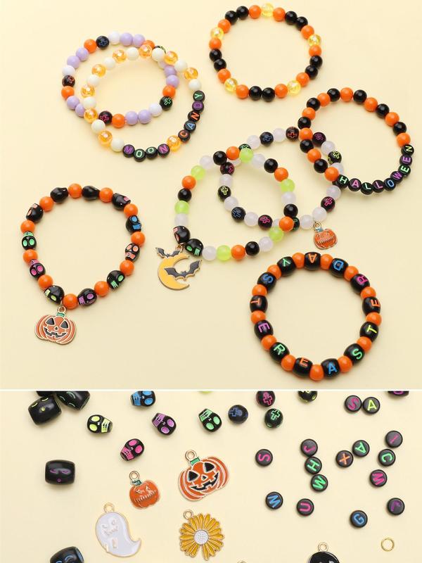 Moon & Ghost & Pumpkin Design Beads & Charms, Mixed Color Beads & Charms for Bracelet Making, Diy Jewelry Making Kit for Women & Teenager