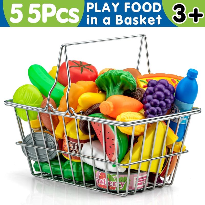 55 Pcs Grocery Store Pretend Play Food Set with Shopping Basket Accessories Plastic Fake Food Fruits Christmas Gift