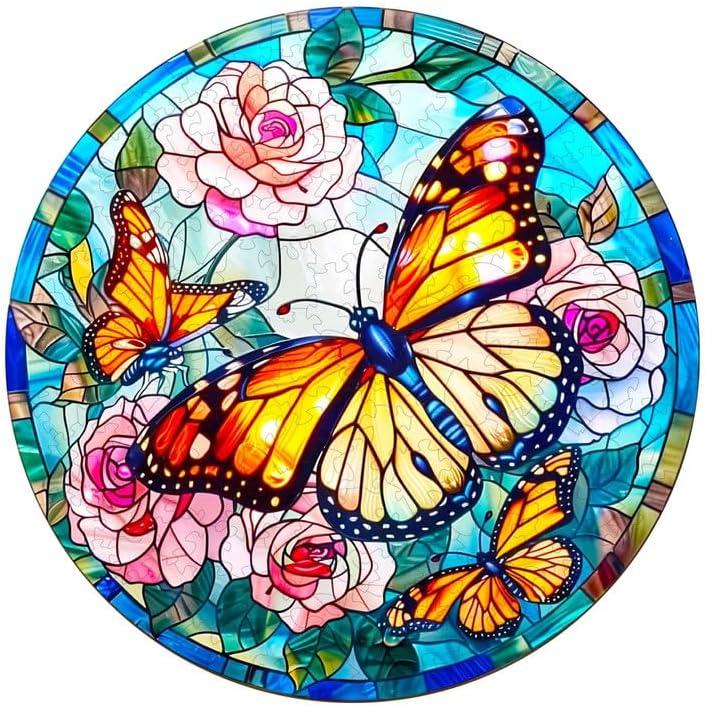 Wooden Puzzle for Adults, Stained Glass Butterfly Wooden Jigsaw Puzzles for Adults, Unique Animal Shape Wood Cut Puzzles for Family Friend Puzzle Lovers(S-8.5 * 8.5in-100pcs)