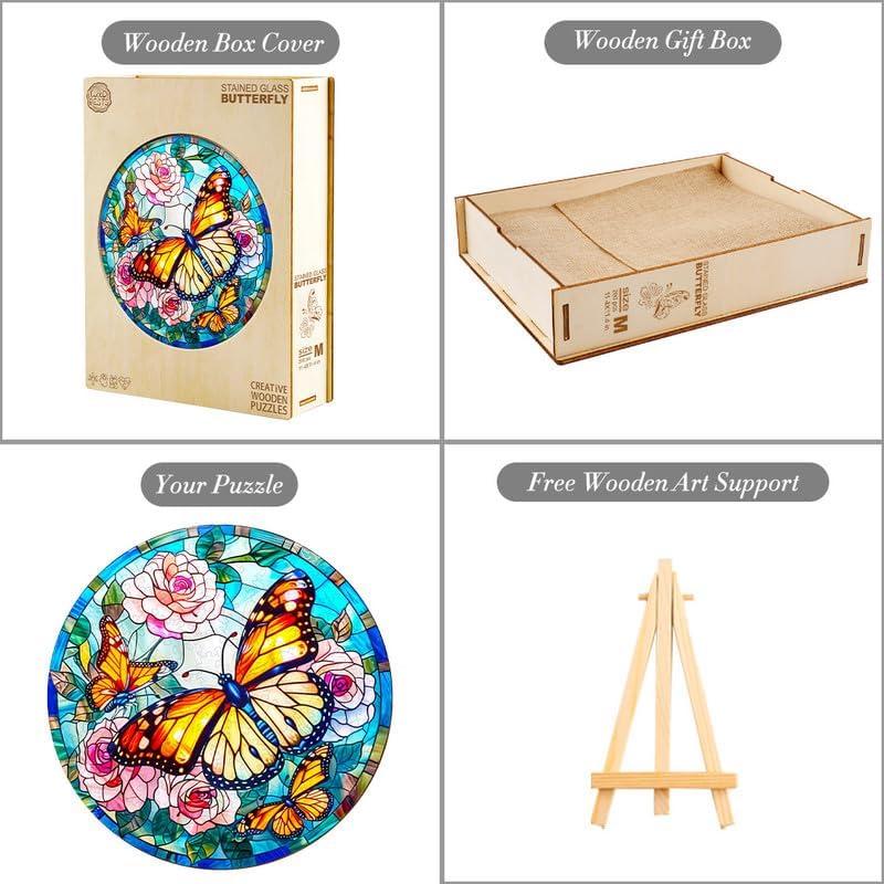 Wooden Puzzle for Adults, Stained Glass Butterfly Wooden Jigsaw Puzzles for Adults, Unique Animal Shape Wood Cut Puzzles for Family Friend Puzzle Lovers(S-8.5 * 8.5in-100pcs)