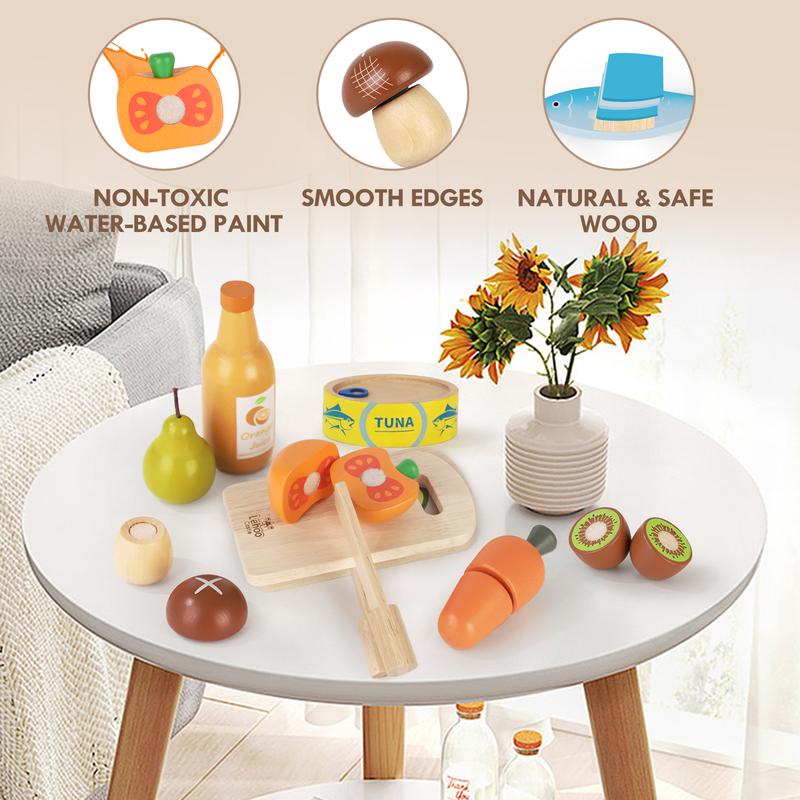 Lehoo Castle Wooden Pretend Play Food Sets for Kids Kitchen, Food Toys for Kids, with Shopping Bag, Pretend Food Play Kitchen Cutting Fruits Vegetables Toys, Gift for Boys Girls Educational Toys, Toy Food Educational Gifts