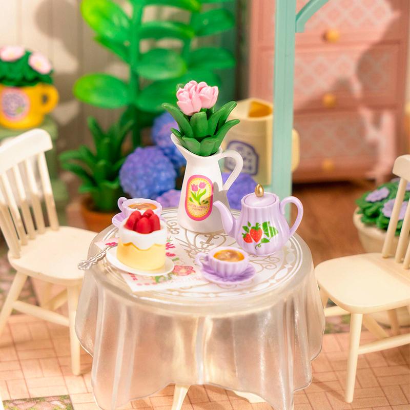 Rolife Blooming Tea Garden DIY Miniature House Kit DW013B with LED Lights Plastic Craft Kit & Decorative Ornament  Creative Gift Craft Home Decor