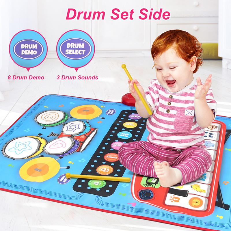 2-in-1 Musical Mat Piano Keyboard & Drum Set with 2 Drum Sticks Educational Learning Toys