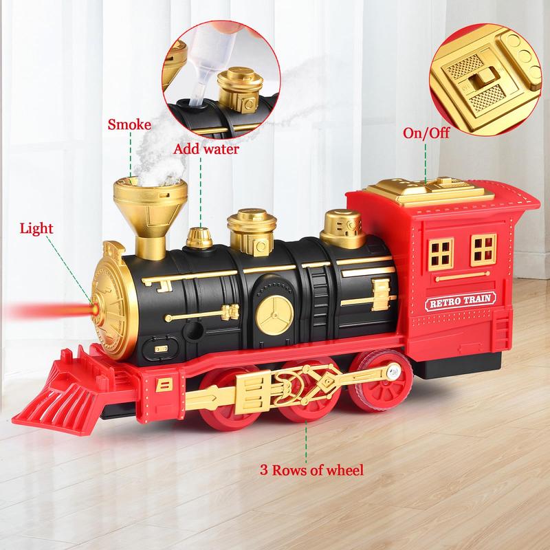 Train electric train set with retro classic steam locomotive and long track, battery powered train toy set with smoke lights and sound, holiday Christmas gift box