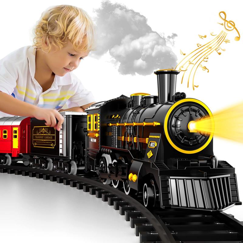 Train electric train set with retro classic steam locomotive and long track, battery powered train toy set with smoke lights and sound, holiday Christmas gift box