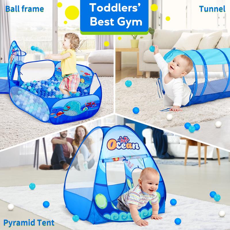 3PC Play Tent with Play Tunnel, Ball Pit, Basketball Hoop Pop Up Playhouse Toys Indoor Outdoor Gifts ages 4-12 indoor tent pit tunnel