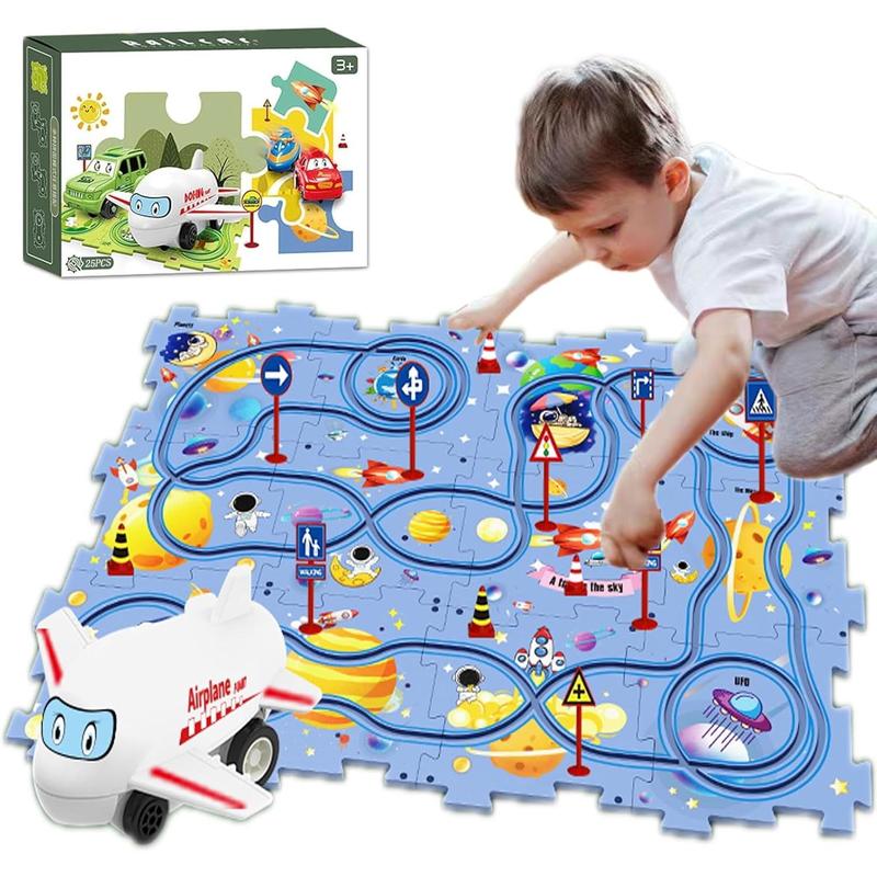 25PCS Puzzle Racer Kids Car Track Set, DIY Puzzle Racer Car Track Set with Vehicles，Puzzle Track Car Play Set for Kids Boys Girls (Space)