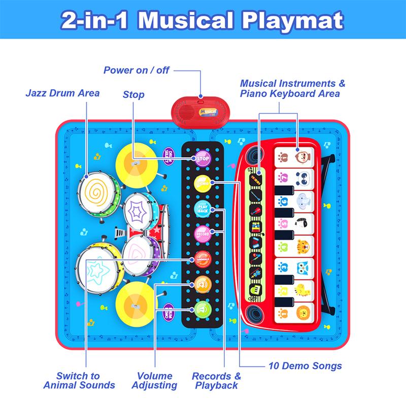 2-in-1 Musical Mat Piano Keyboard & Drum Set with 2 Drum Sticks Educational Learning Toys