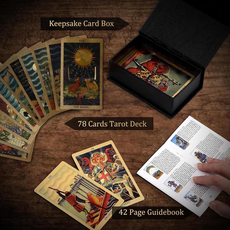 Tarot Card with Guide Book, 1 Box Gold Foil Tarot Card Deck, Waterproof & Durable Tarot Deck, Party Game Cards for Beginners