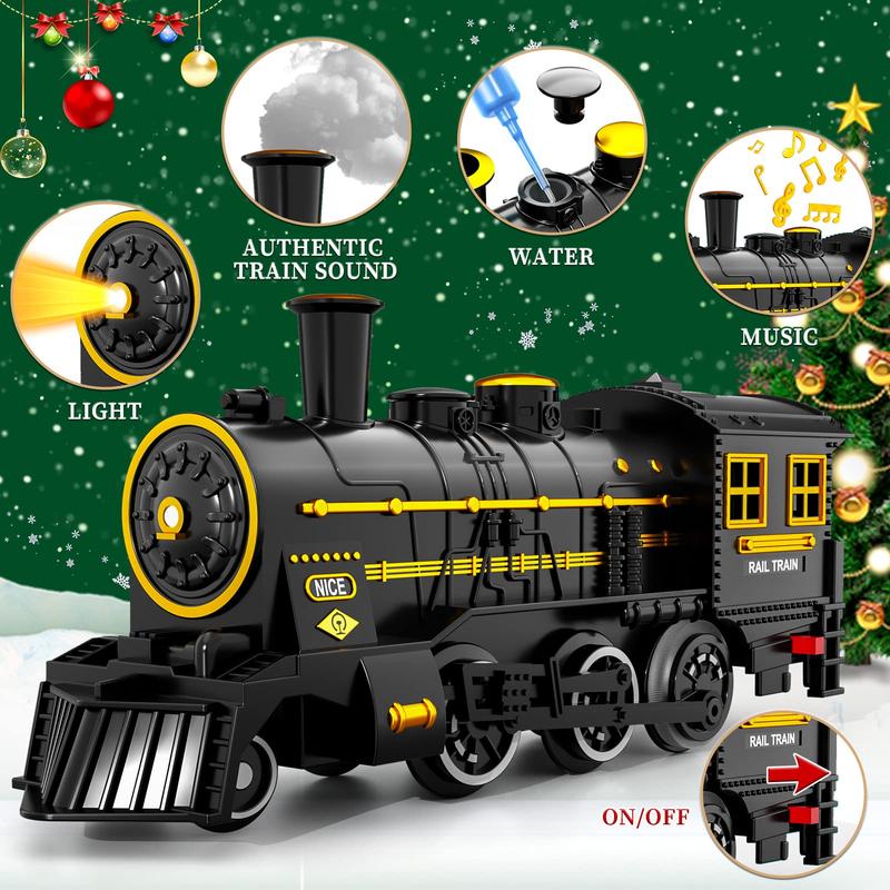 Train electric train set with retro classic steam locomotive and long track, battery powered train toy set with smoke lights and sound, holiday Christmas gift box