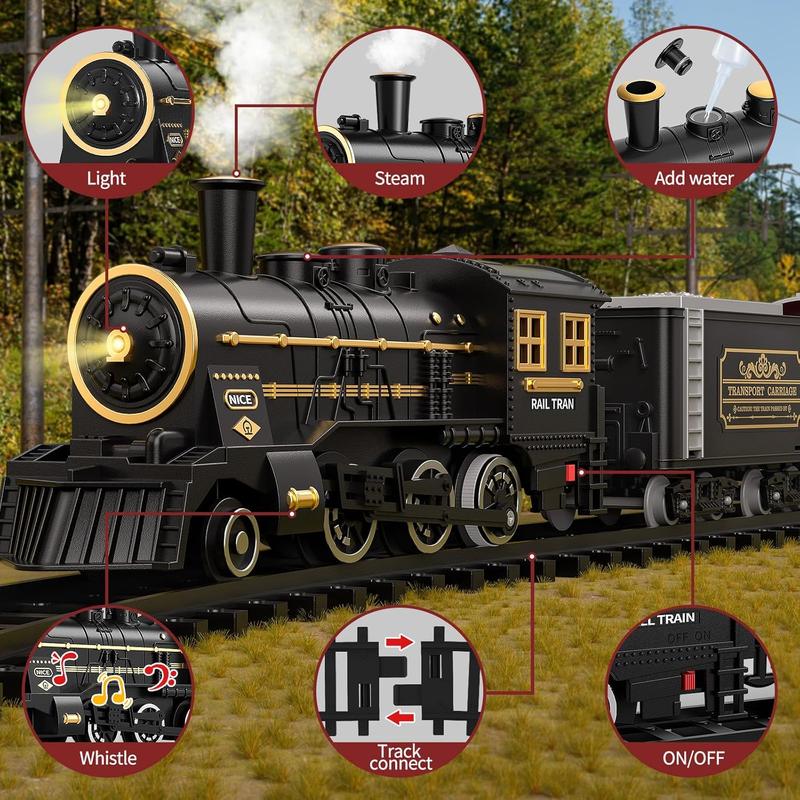 Train Set , Electric Classical Steam Engine Locomotive with Steam, Light and Sounds, Rechargeable Model Trains Kit Toys w Passenger Carriage