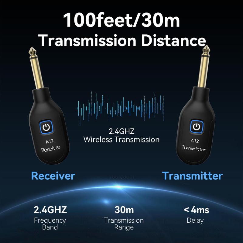 Wireless Guitar System, 2.4G HZ Wireless Guitar System, Rechargeable Guitar Transmitter Receiver, Music Accessories for Guitar, Bass, Violin, Keyboard