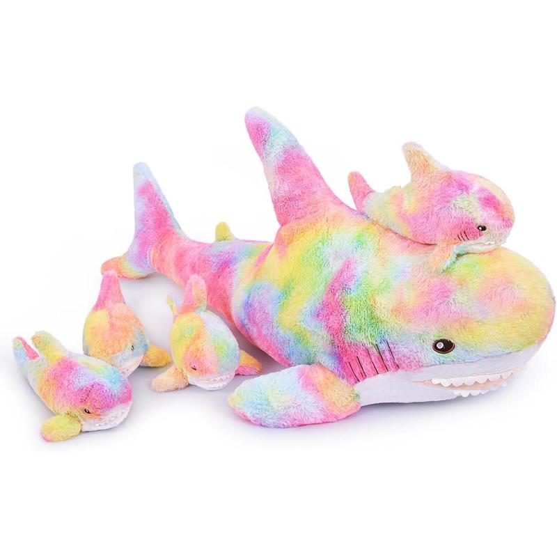 SNOWOLF 40” Shark Plush with 4 Small Baby Shark in Mother’s Tummy Giant Rainbow Shark Plushies Colorful Shark Teddy Hugging Throw Pillow Multicoloured Gift Set