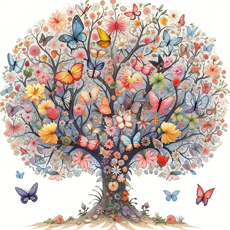 Butterfly Tree 5D Diamond Arts DIY Painting Kit without Frame, Flower & Butterfly Pattern Diamond Arts DIY Painting Kit No Frame, Handmade Art Crafts for Home Decor