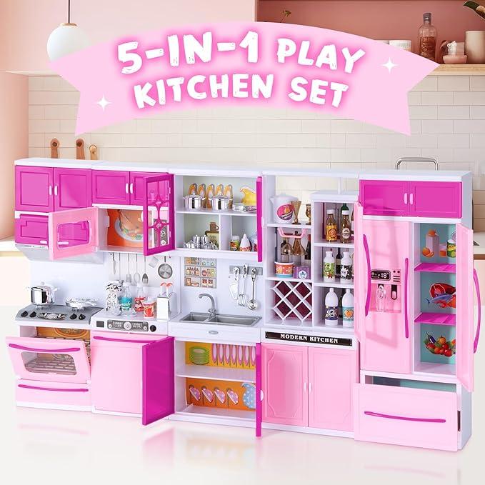 DISHIO 56pcs Doll Mini Kitchen Toys for 3-6 Years Old Kids with Realistic Lights and Sounds Best Christmas Gifts for Kids realistic light