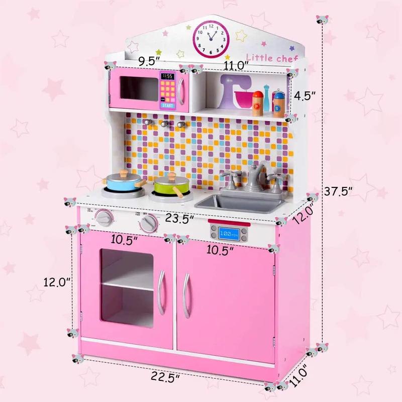 [ShopTab] Festival Joy Kids Kitchen Playset, Wooden Pretend Cooking Set w Removable Sink, Food & Cookware Accessories, Top Display Shelf