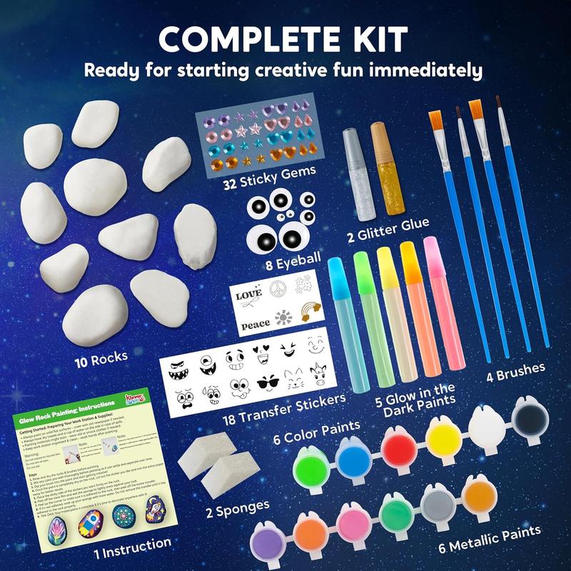 Rock Painting Kit- Glow in The Dark Rock Kit, Arts and Crafts for Kids Ages 6-12, Art Supplies Toy, Kids Craft Paint Kits, Arts & Crafts for Boys Girls Birthday Party Gift Toy