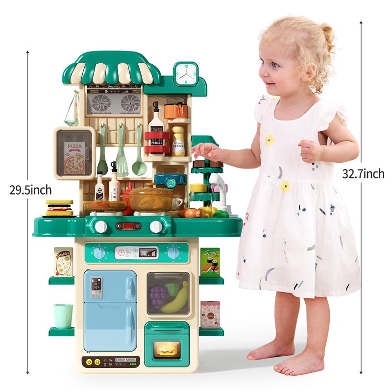 50Pcs Kitchen Playset , Kid Play Kitchen with Realistic Lights & Sounds, Simulation of Spray and Sink, Pretend Food Toys Kitchen for Toddlers (Green)