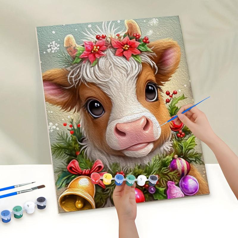 Christmas Themed Cow Pattern DIY Painting by Numbers Kit, 1 Set DIY Paint by Number Kit without Frame, Wall Art Decoration for Home Living Room Bedroom