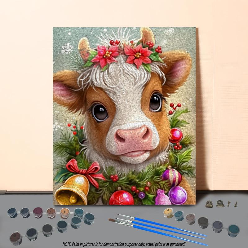 Christmas Themed Cow Pattern DIY Painting by Numbers Kit, 1 Set DIY Paint by Number Kit without Frame, Wall Art Decoration for Home Living Room Bedroom