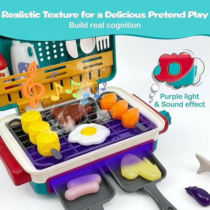 Cooking Simulator Toy with Color Changing Accessories, 31 Count Fun BBQ Kit Gourmet Cooking Box, Magic BBQ Simulation Grill Toy with Sound & Light & Steam Grill Surface for Kids 4-8,Perfect Christmas Gift Or Birthday Gift.