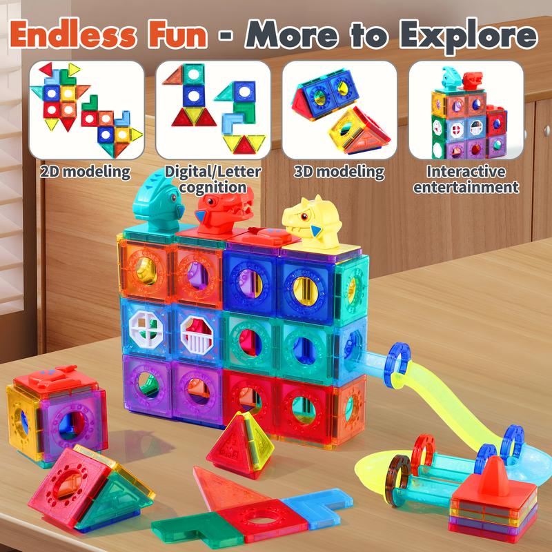 Dinosaur Race Track Magnetic Building Tiles - STEM Educational Construction Blocks, Montessori Magnet Tiles Set, 4D Diamond Cut Design